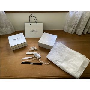 Chanel Signature Gift Box Lot Of 2+ Ribbons & Chanel Gift Bag +Chanel Tissue